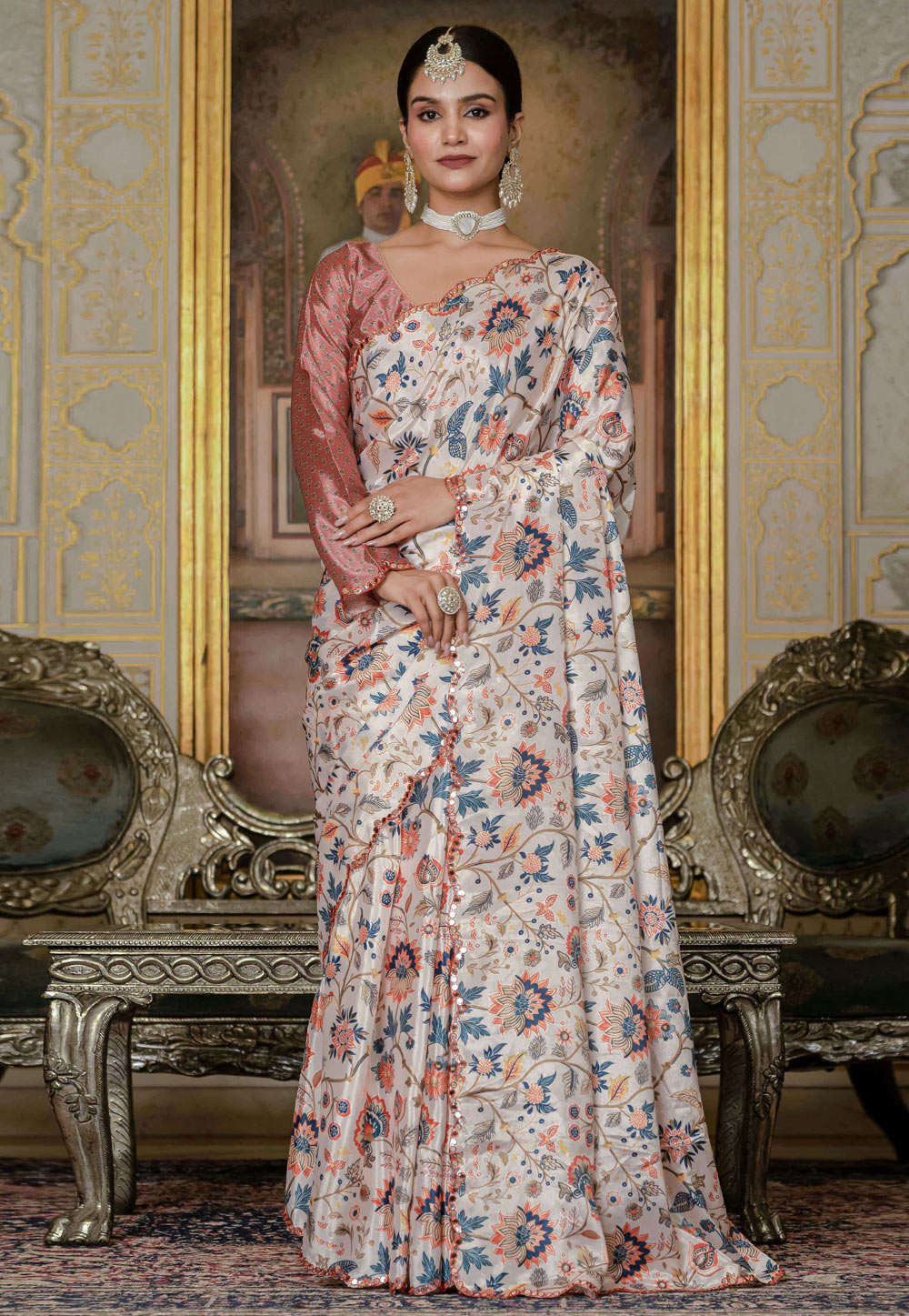 Cream Chinon Lehenga Saree 318183