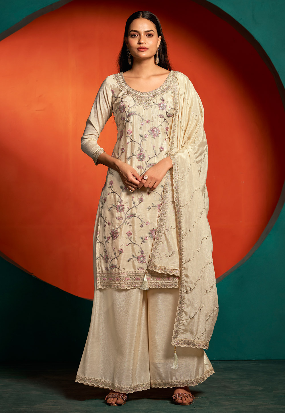 Cream Chinon Pakistani Suit 311399