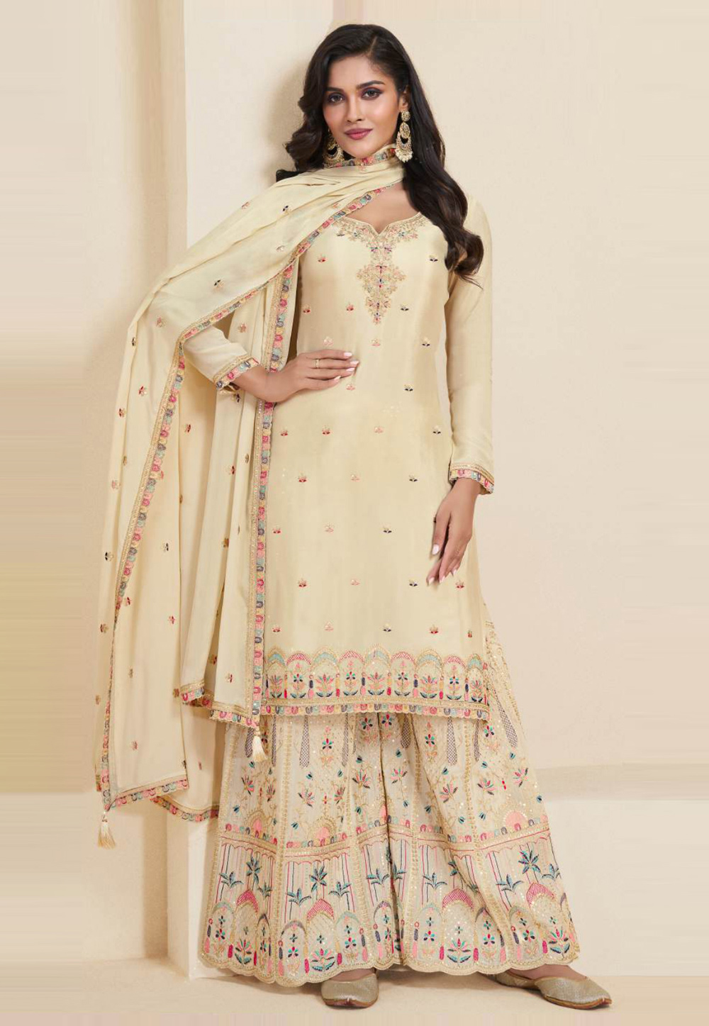 Cream Chinon Pakistani Suit 308408