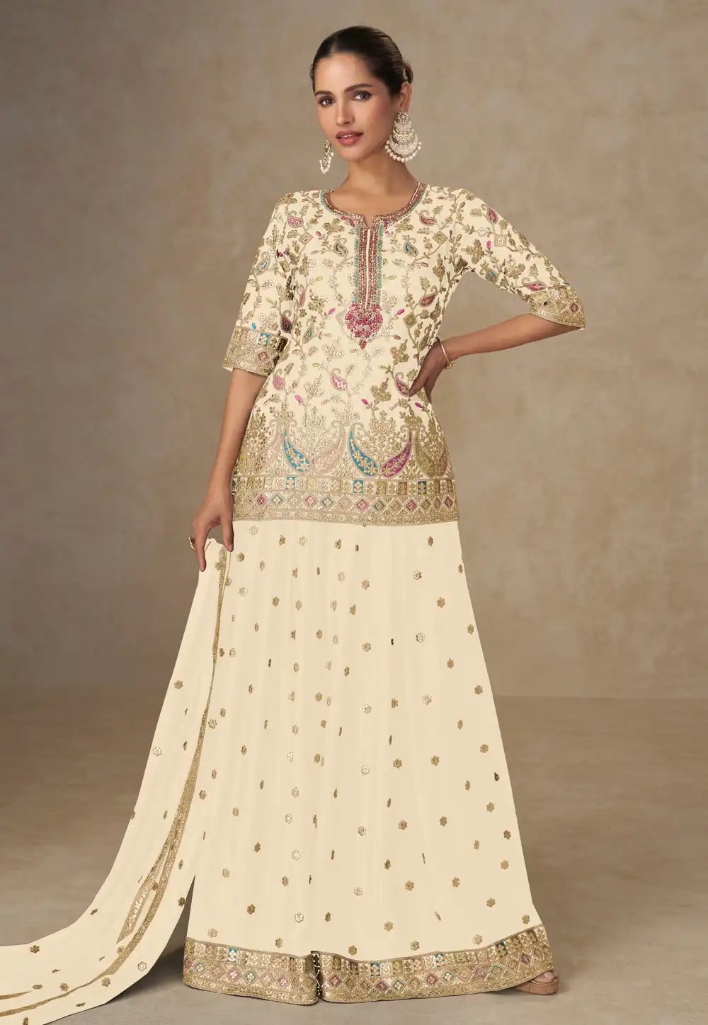 Cream Chinon Pakistani Suit 314614
