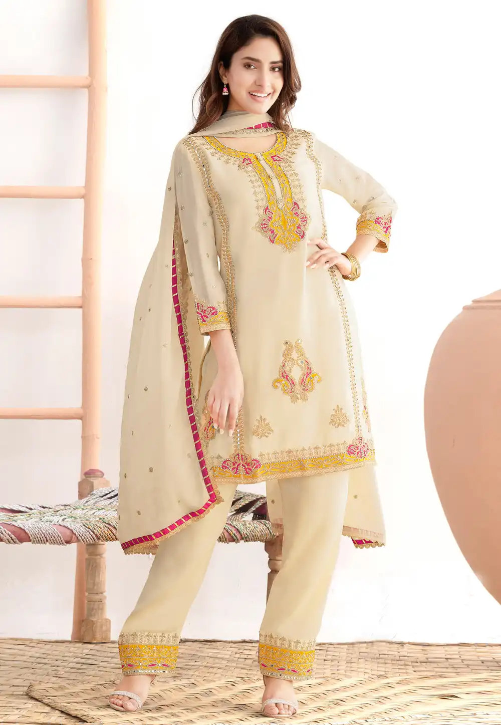 Cream Chinon Pant Style Suit 322751