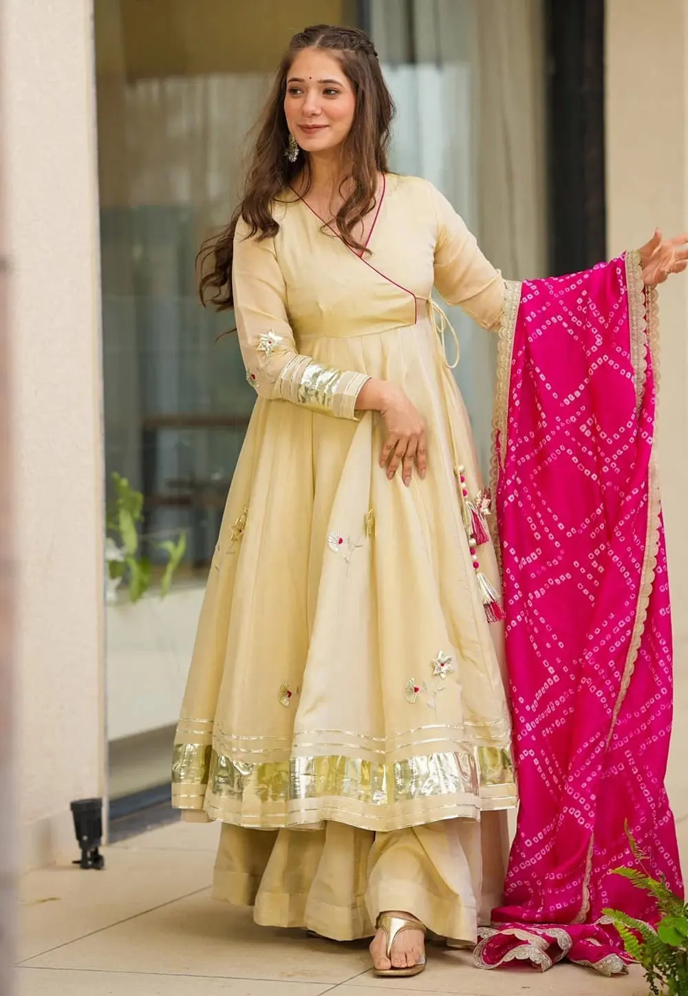 Cream Chinon Readymade Anarkali Suit 331780