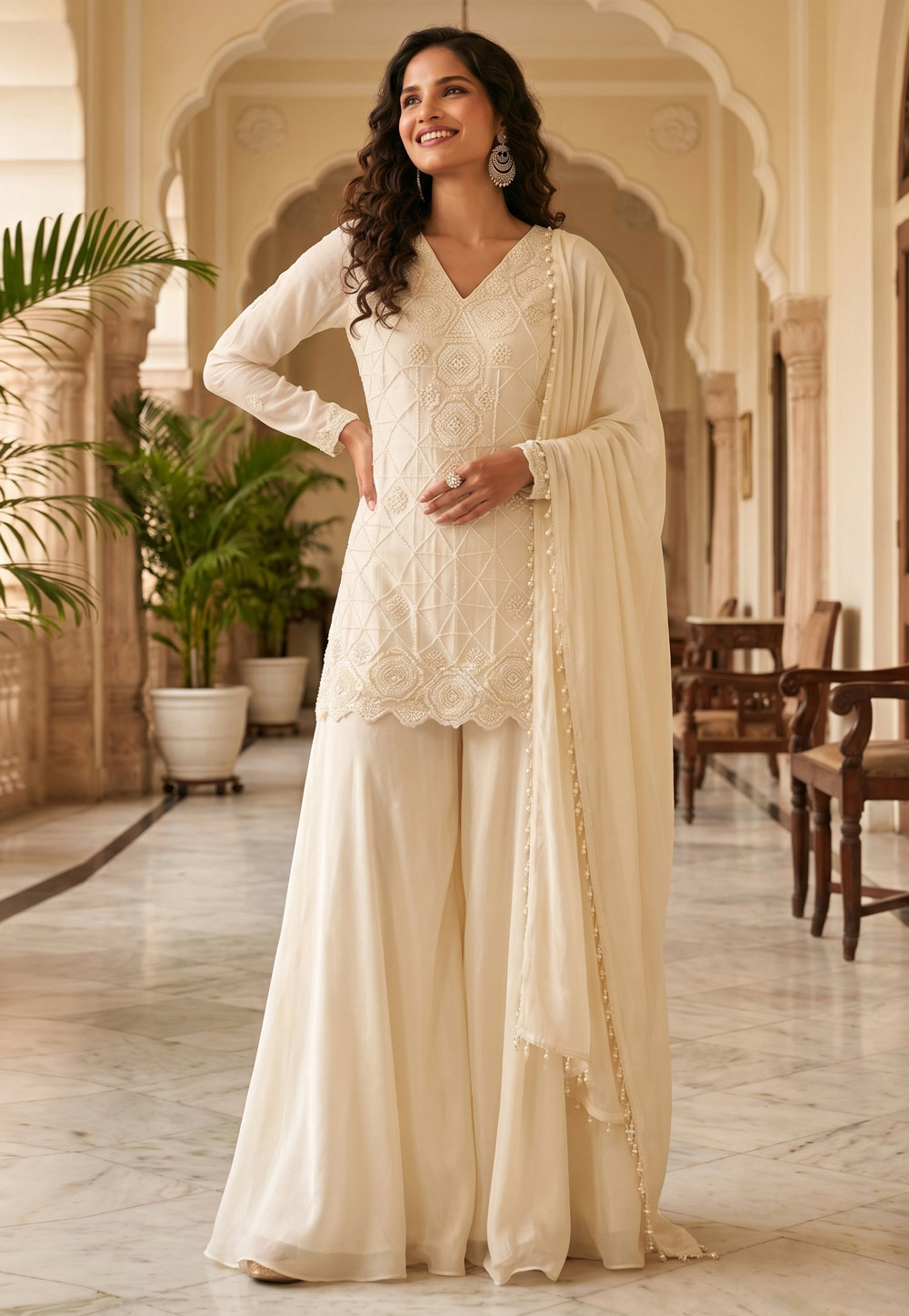 Cream Chinon Readymade Pakistani Suit 329274