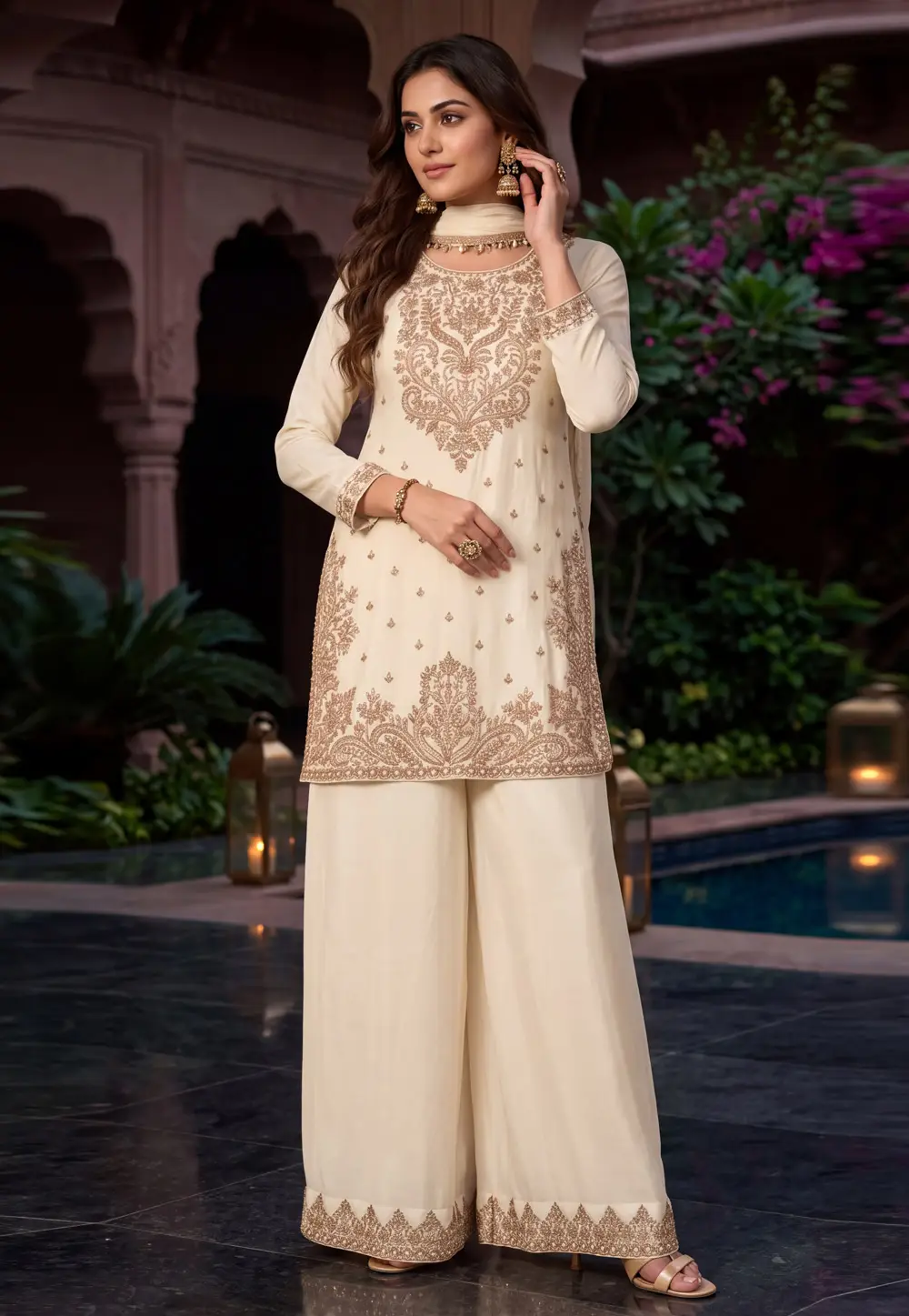 Cream Chinon Readymade Pakistani Suit 335844