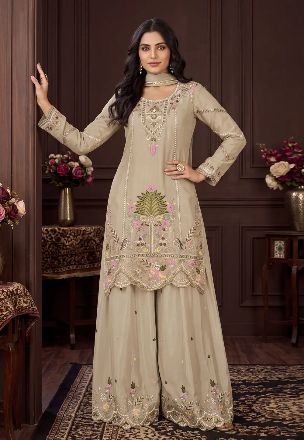 Cream Chinon Readymade Pakistani Suit 337259