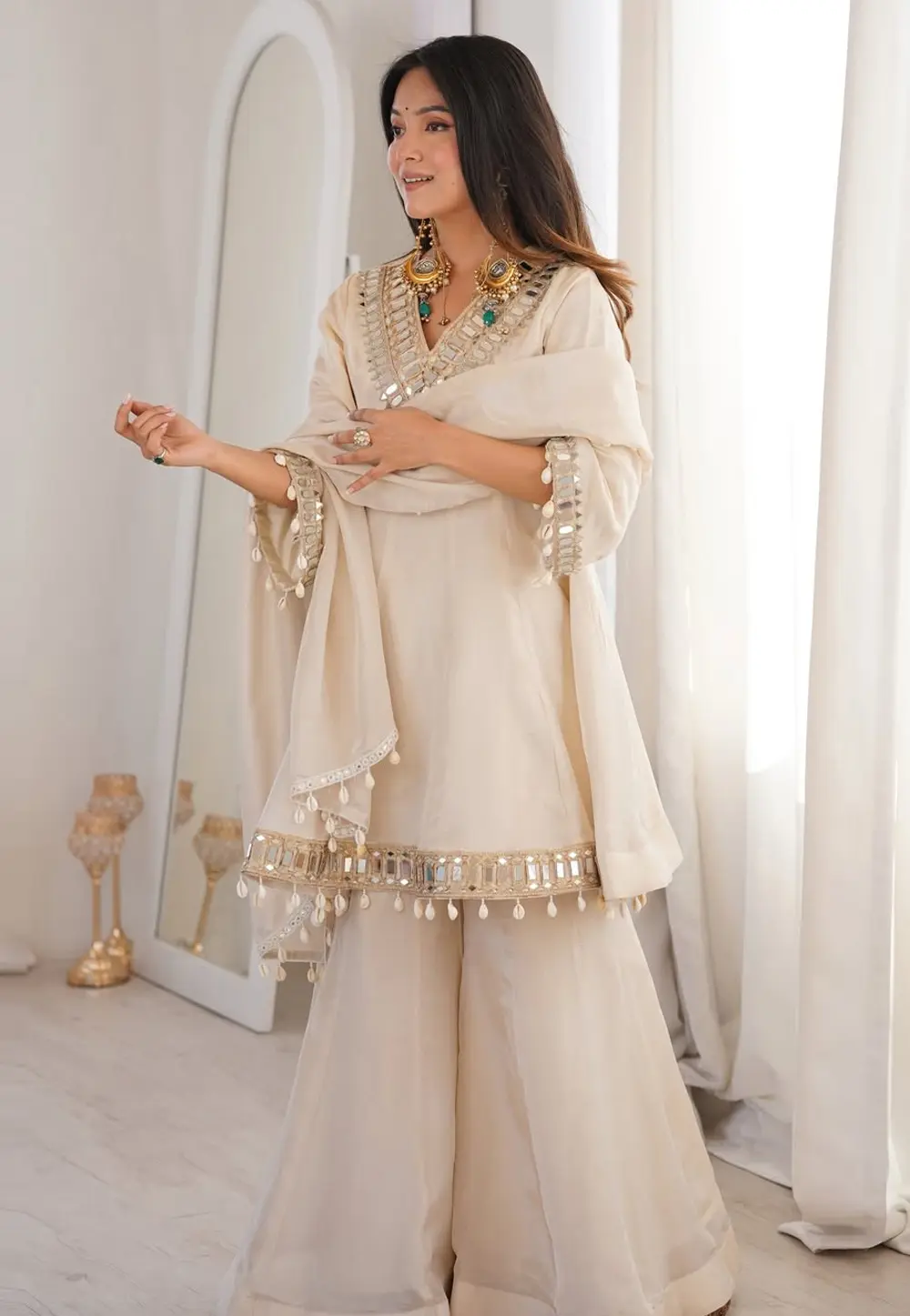 Cream Chinon Readymade Palazzo Suit 331771
