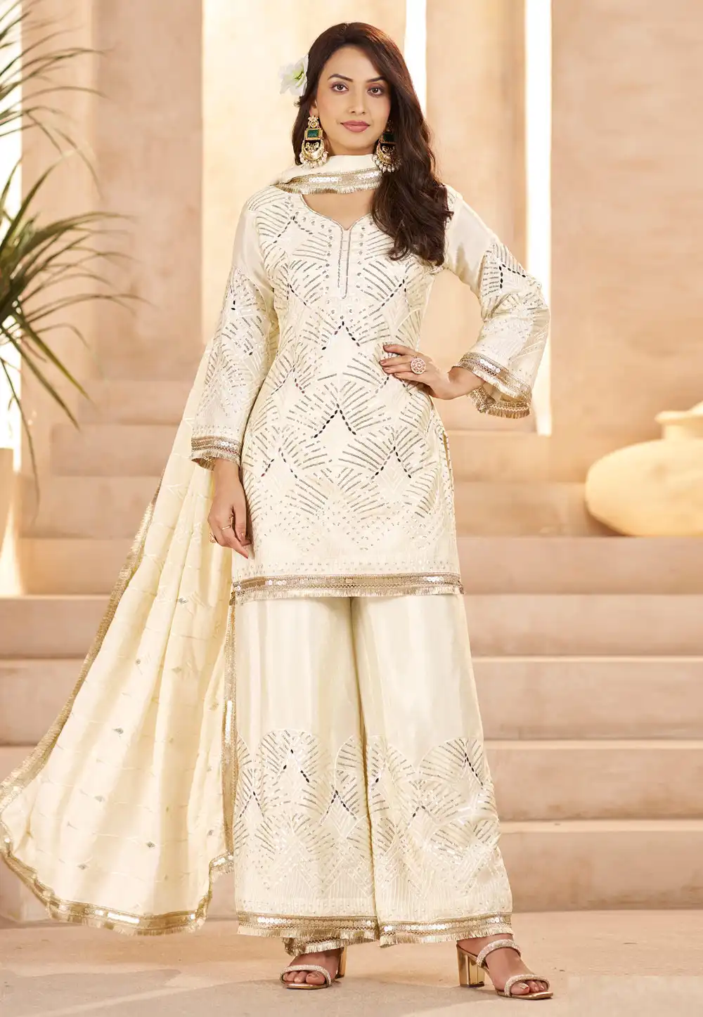 Cream Chinon Readymade Palazzo Suit 324849