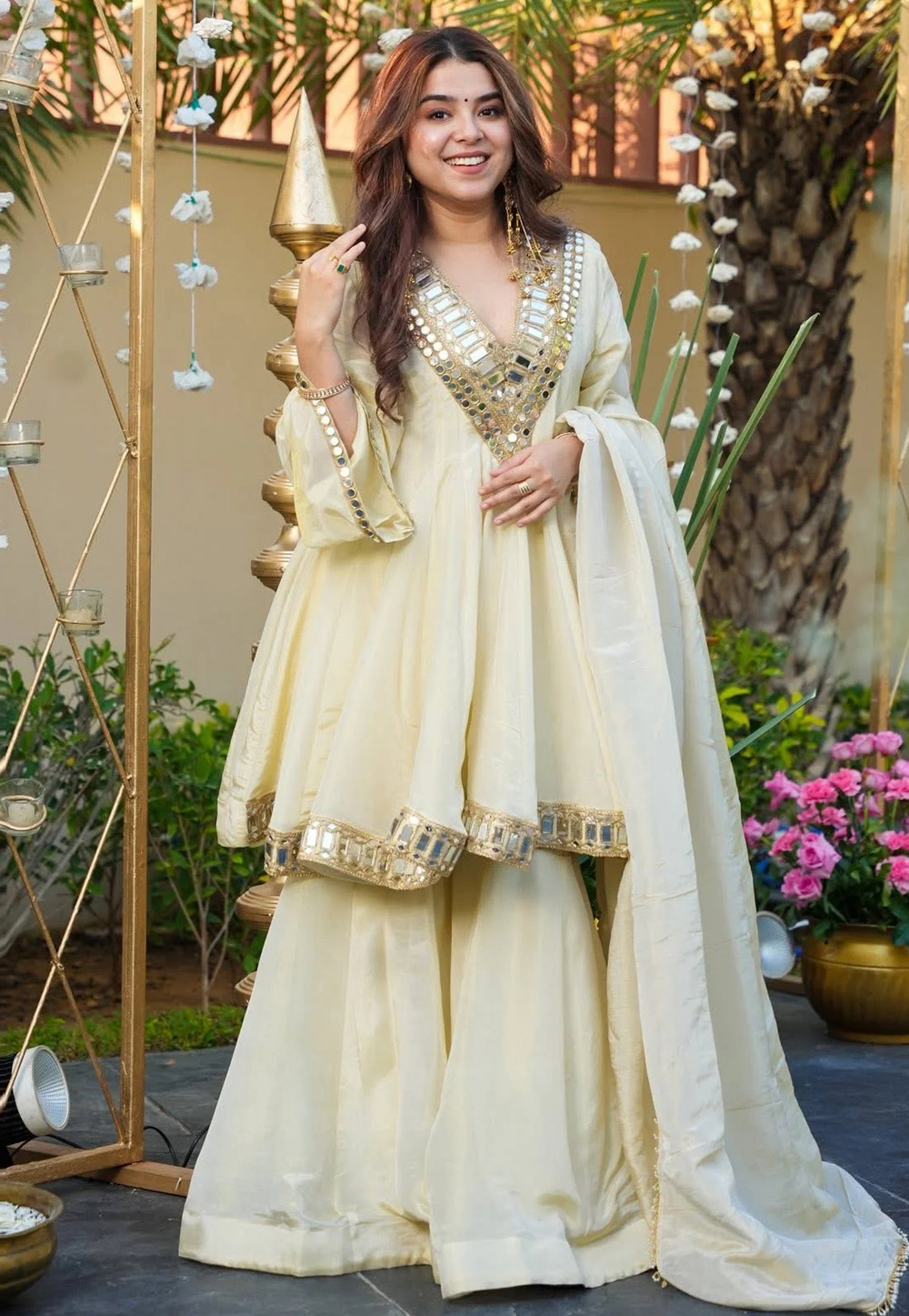 Cream Chinon Readymade Sharara Suit 324040