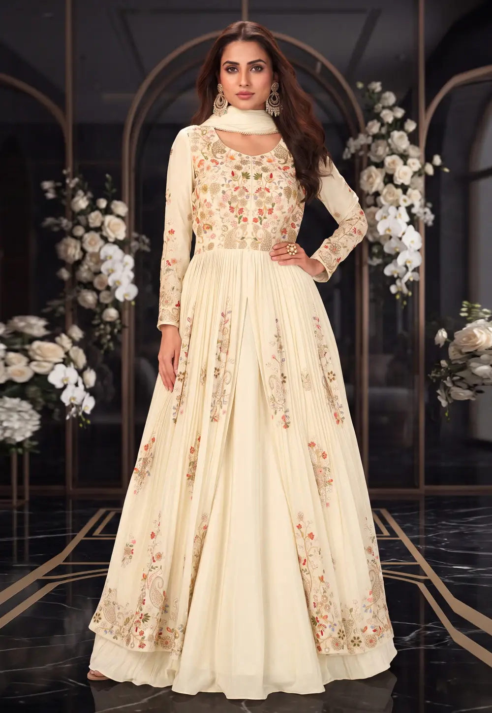 Cream Chinon Silk Anarkali Lehenga Choli 335651