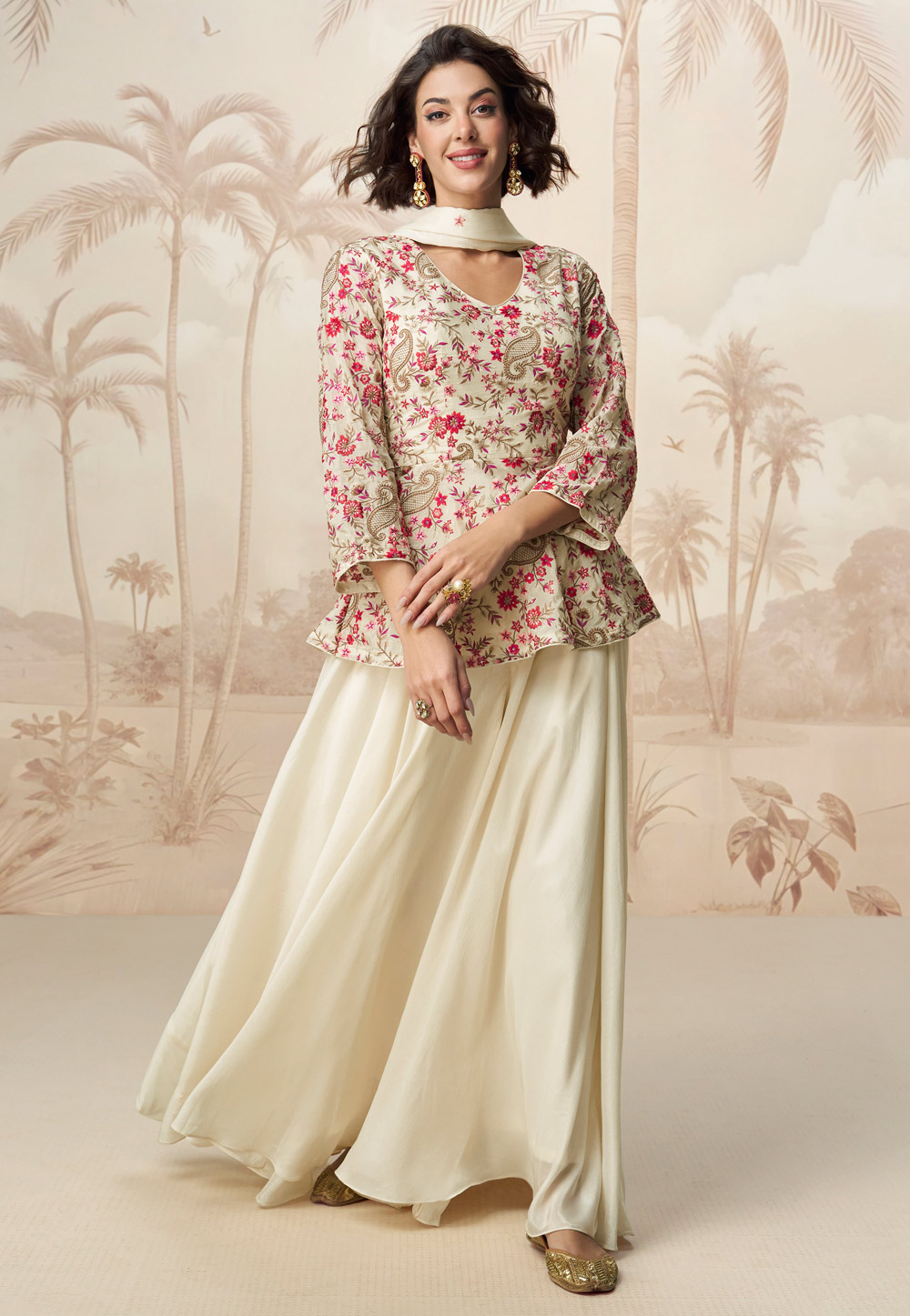 Cream Chinon Silk Embroidered Sharara Suit 308548