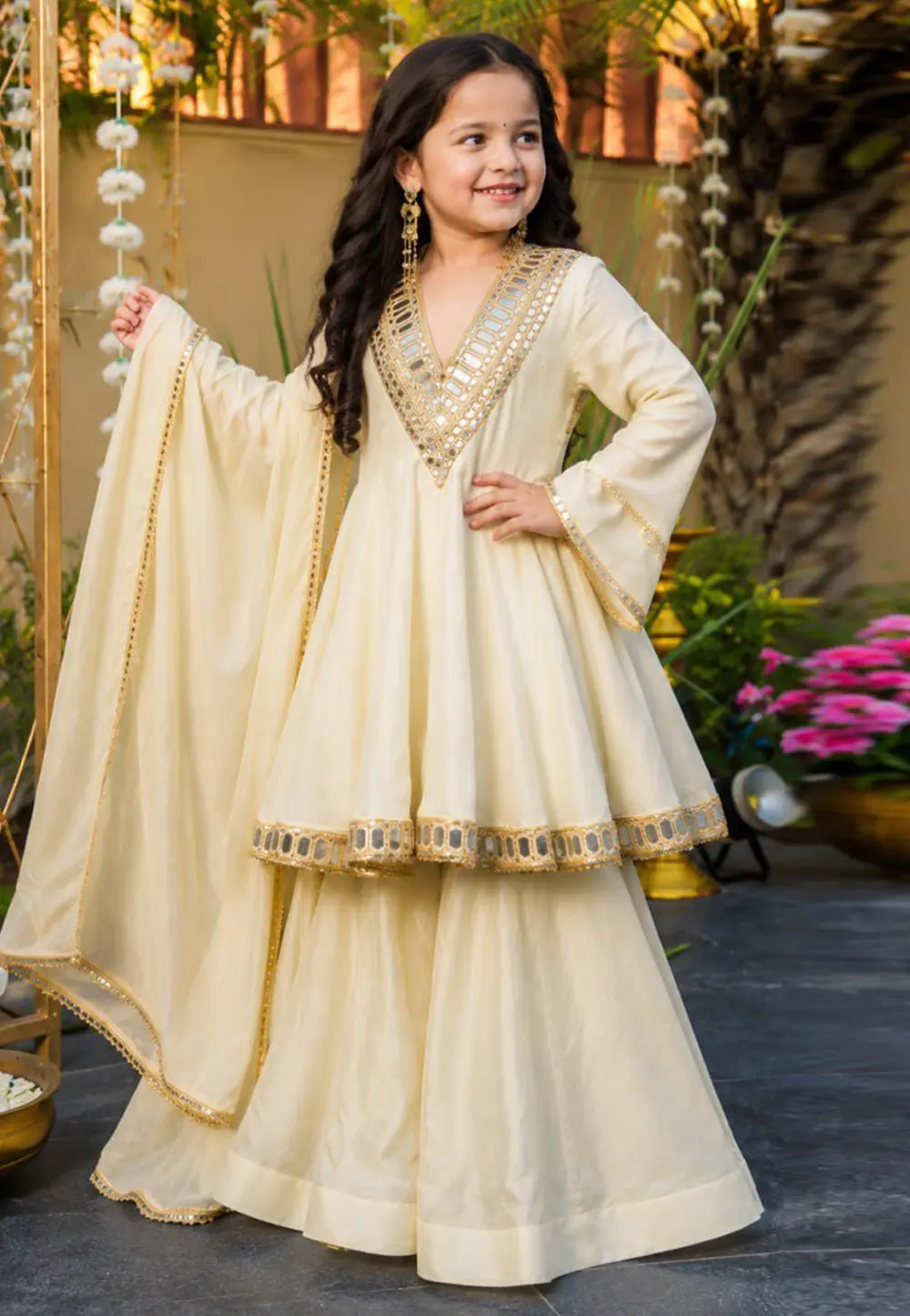 Cream Chinon Silk Kids Sharara Suit 331398