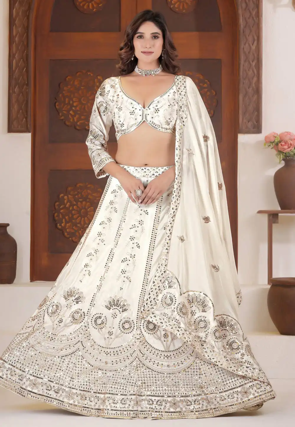 Cream Chinon Silk Lehenga Choli 317544