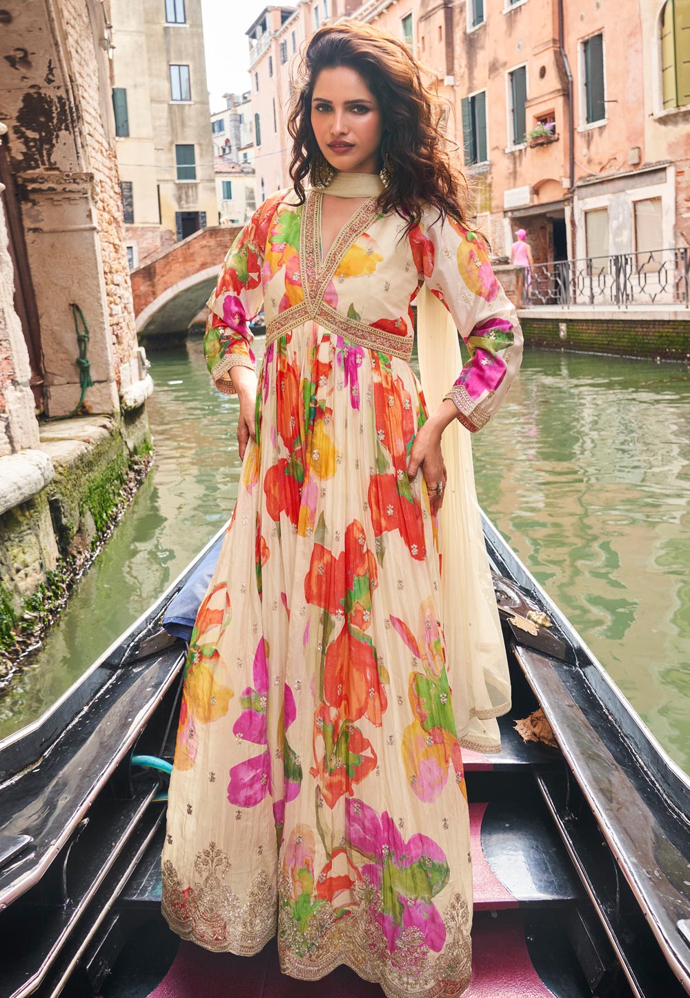 Cream Chinon Silk Long Anarkali Suit 321583