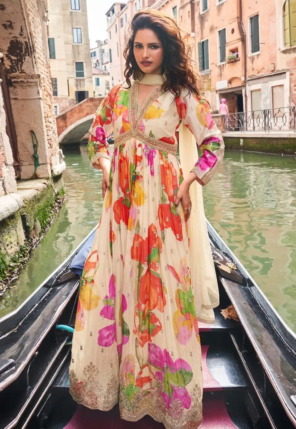 Cream Chinon Silk Long Anarkali Suit 321583