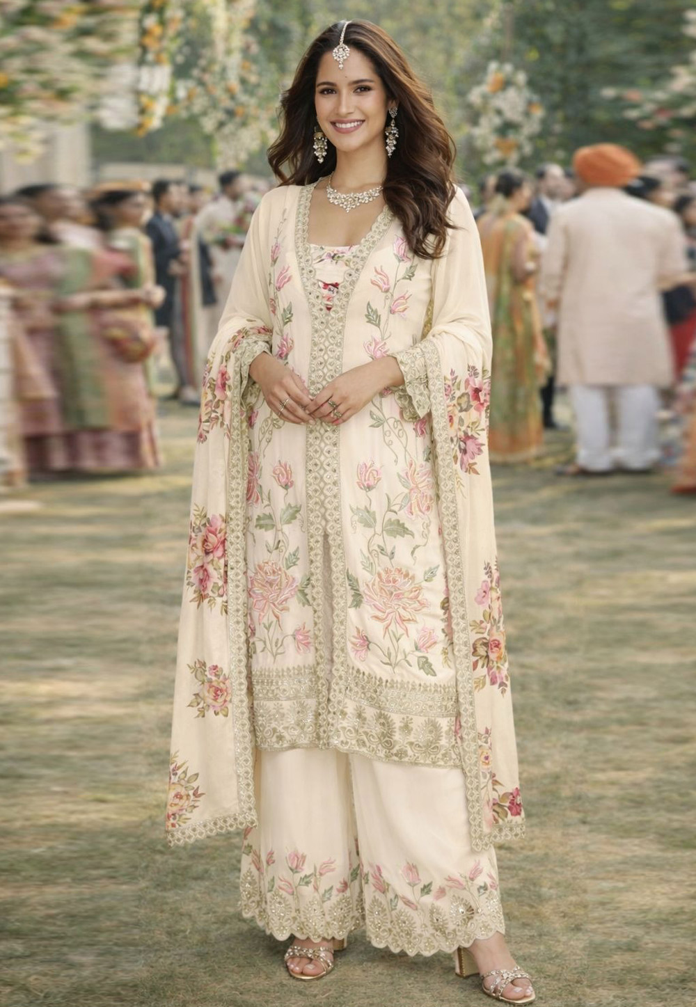 Cream Chinon Silk Pakistani Suit 323653
