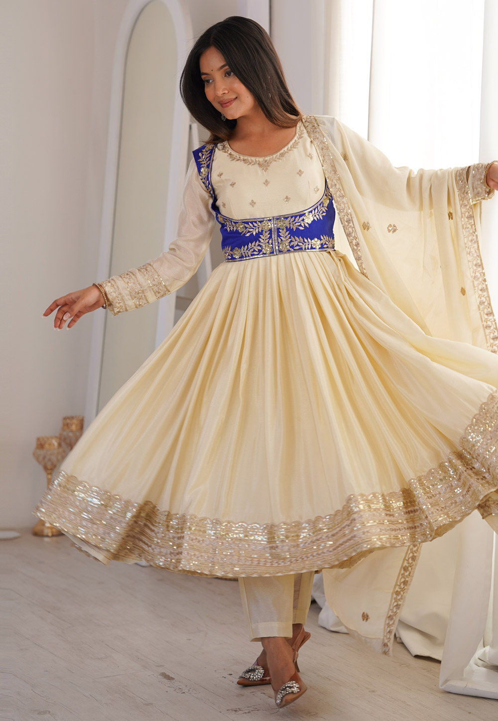 Cream Chinon Silk Readymade Anarkali Suit 325779