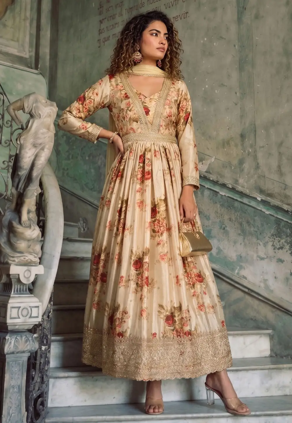 Cream Chinon Silk Readymade Anarkali Suit 335527