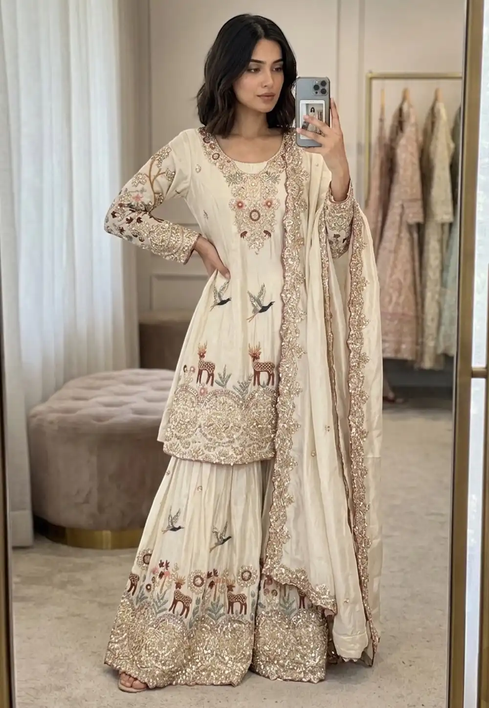 Cream Chinon Silk Readymade Gharara Suit 326493