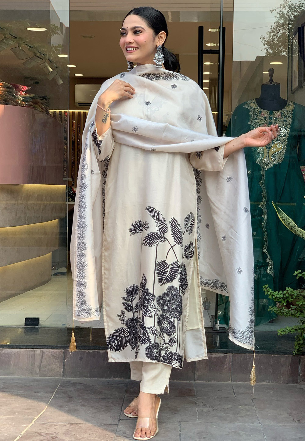Cream Chinon Silk Readymade Pakistani Suit 307032