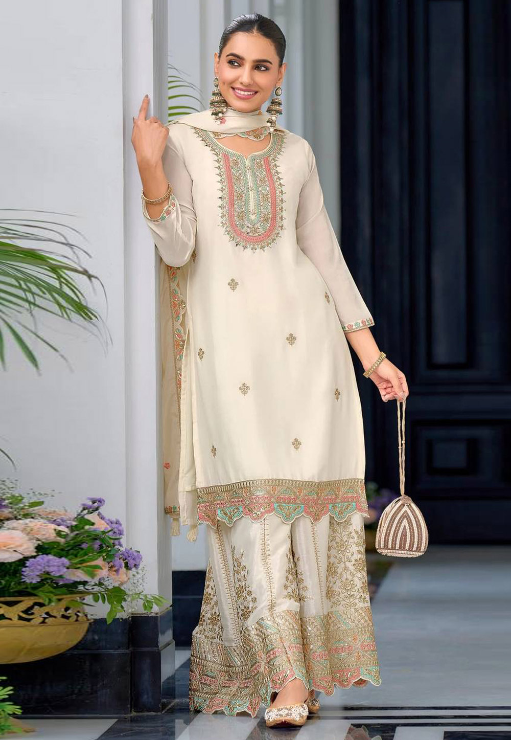 Cream Chinon Silk Readymade Palazzo Suit 310752