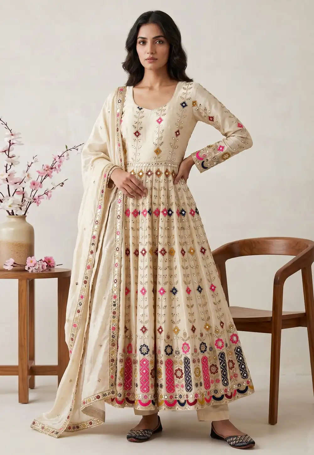 Cream Chinon Silk Readymade Pant Style Suit 330703