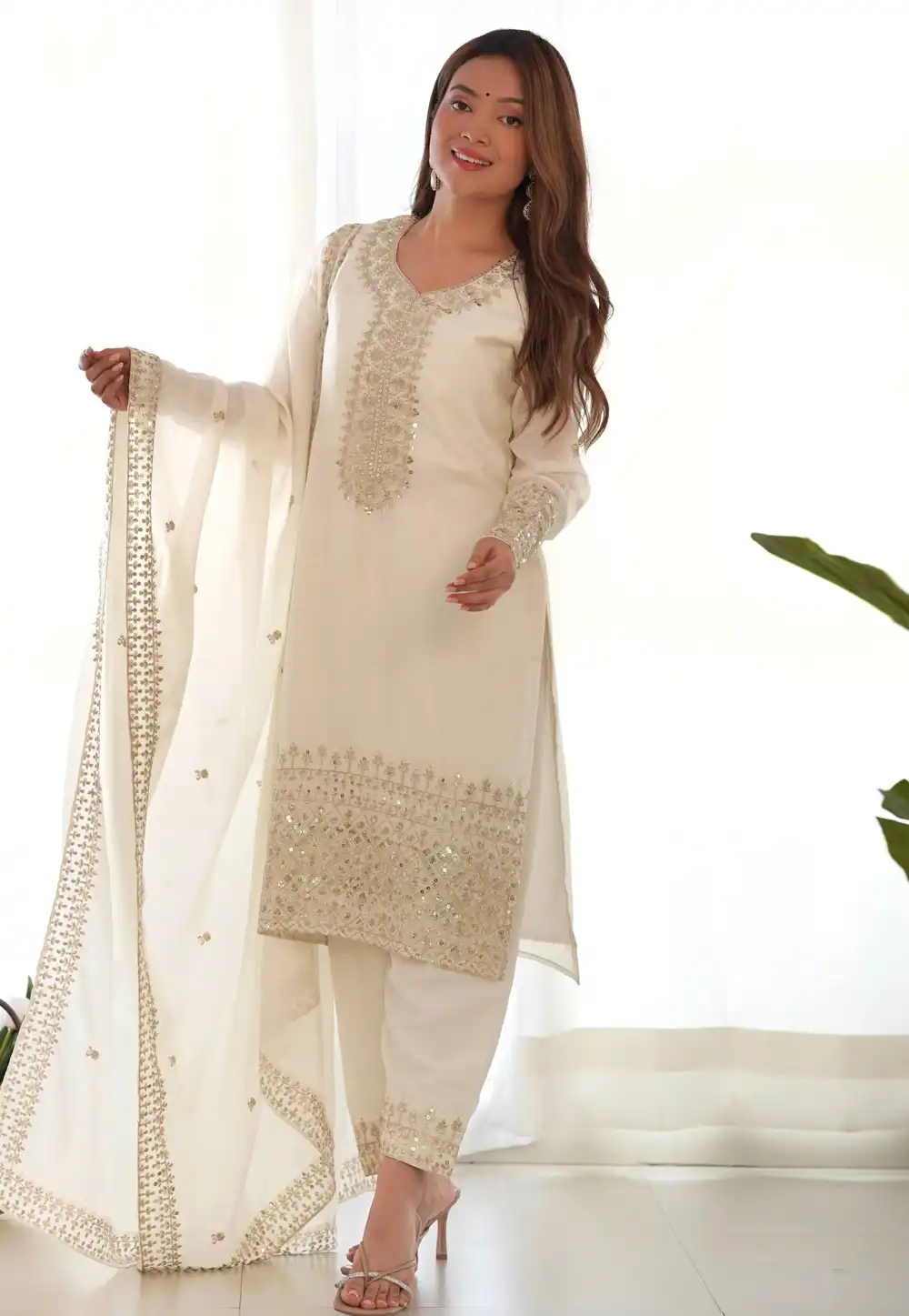 Cream Chinon Silk Readymade Pant Style Suit 325963