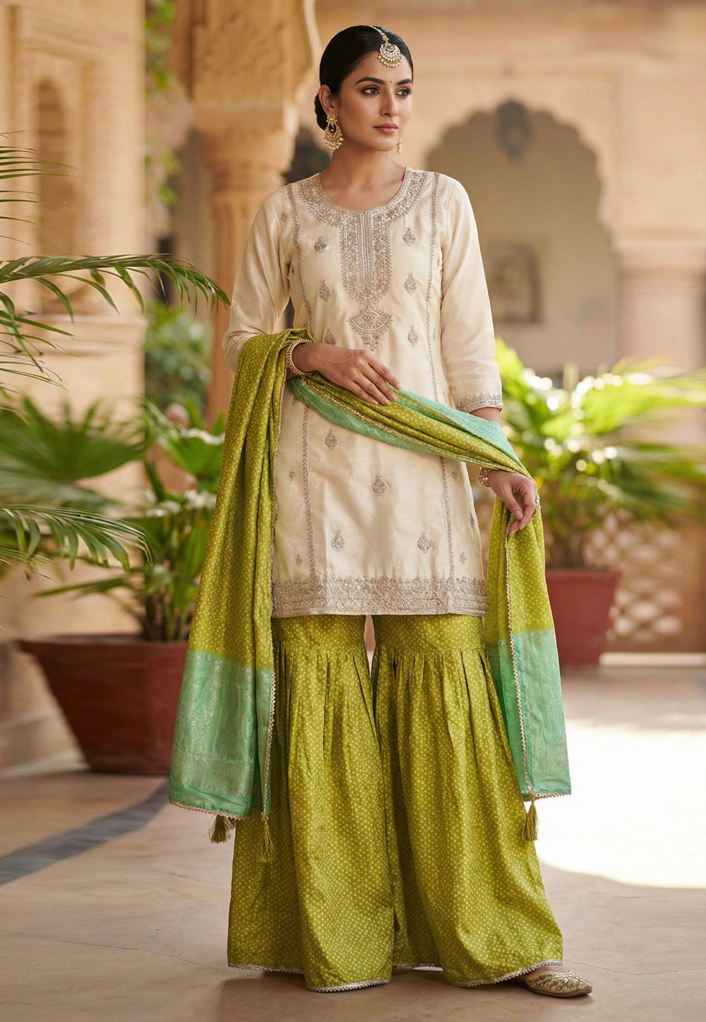 Cream Chinon Silk Sharara Suit 321165