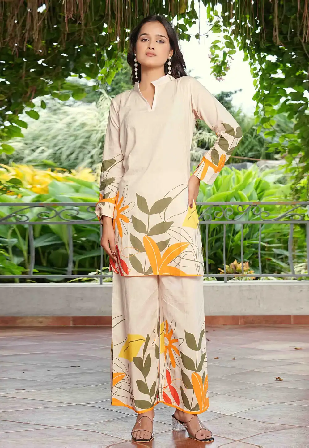 Cream Cotton Kurta Set With Palazzo 313895