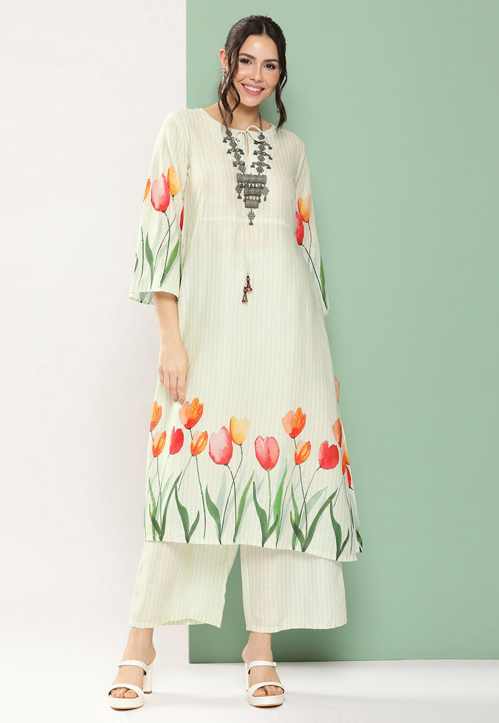 Cream Cotton Kurta Set With Palazzo 281412