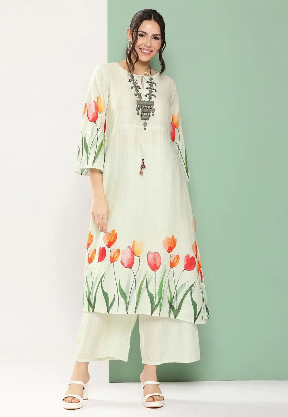 Cream Cotton Kurta Set With Palazzo 281412