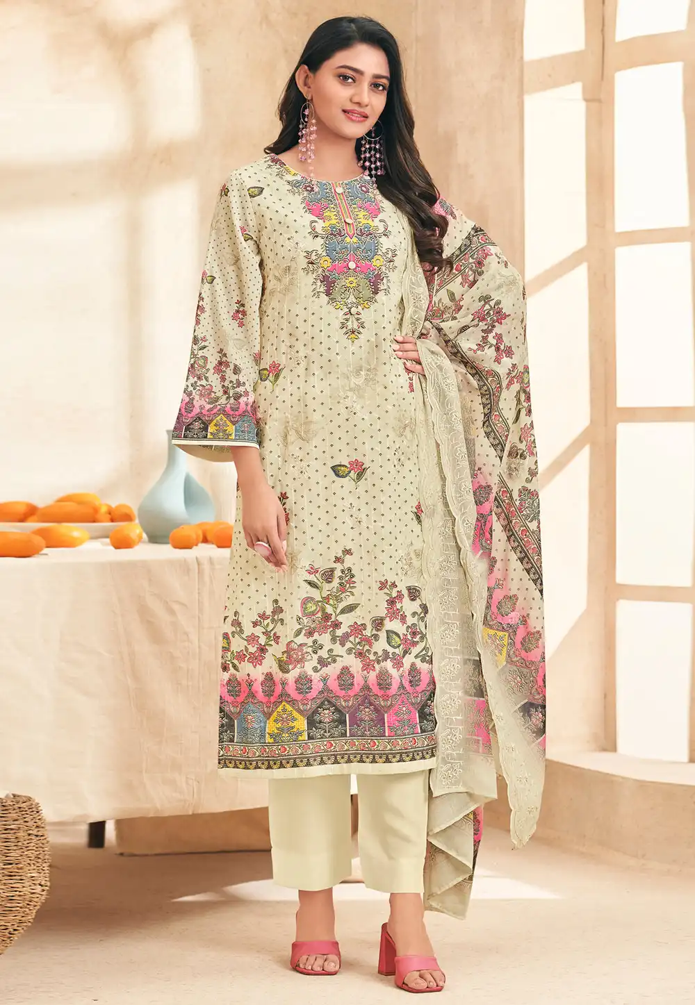Cream Cotton Pant Style Suit 314567