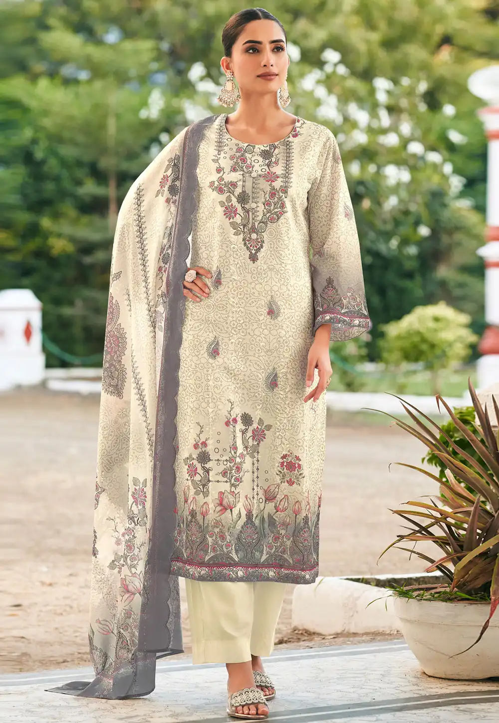 Cream Cotton Pant Style Suit 323443