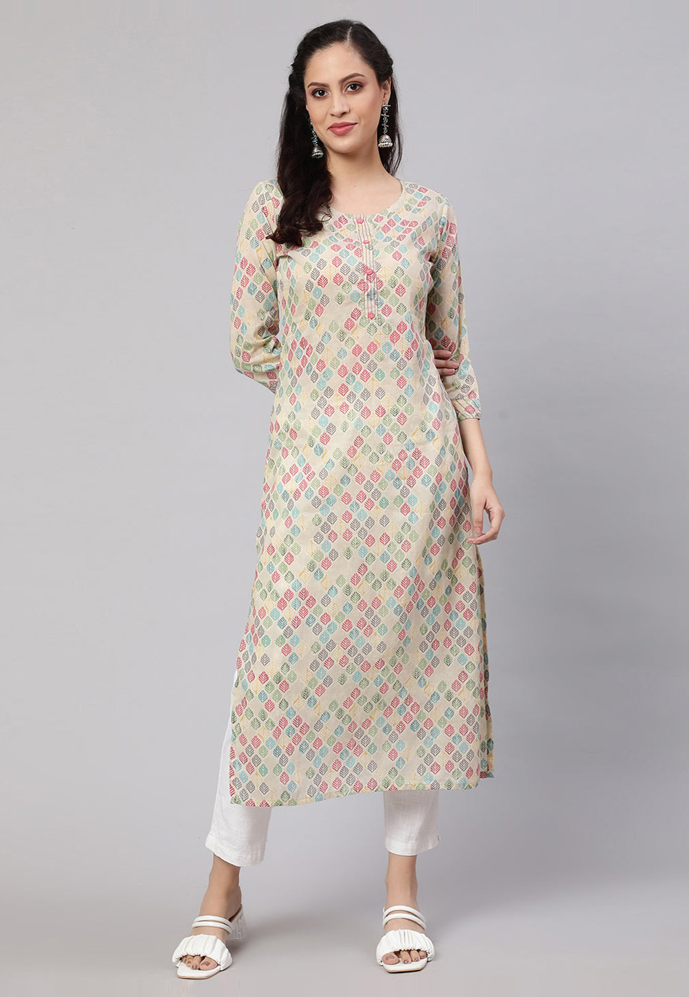 Cream Cotton Printed Long Kurti 282727