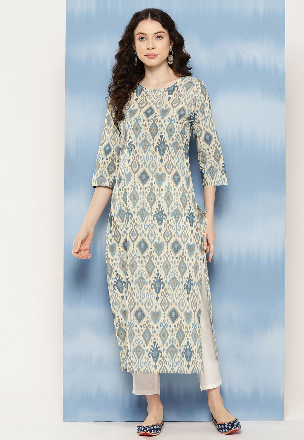 Cream Cotton Printed Long Kurti 282765