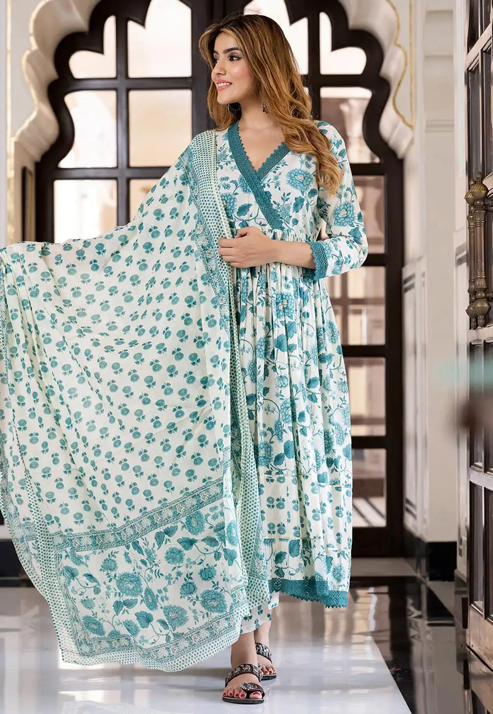 Cream Cotton Readymade Anarkali Suit 321732