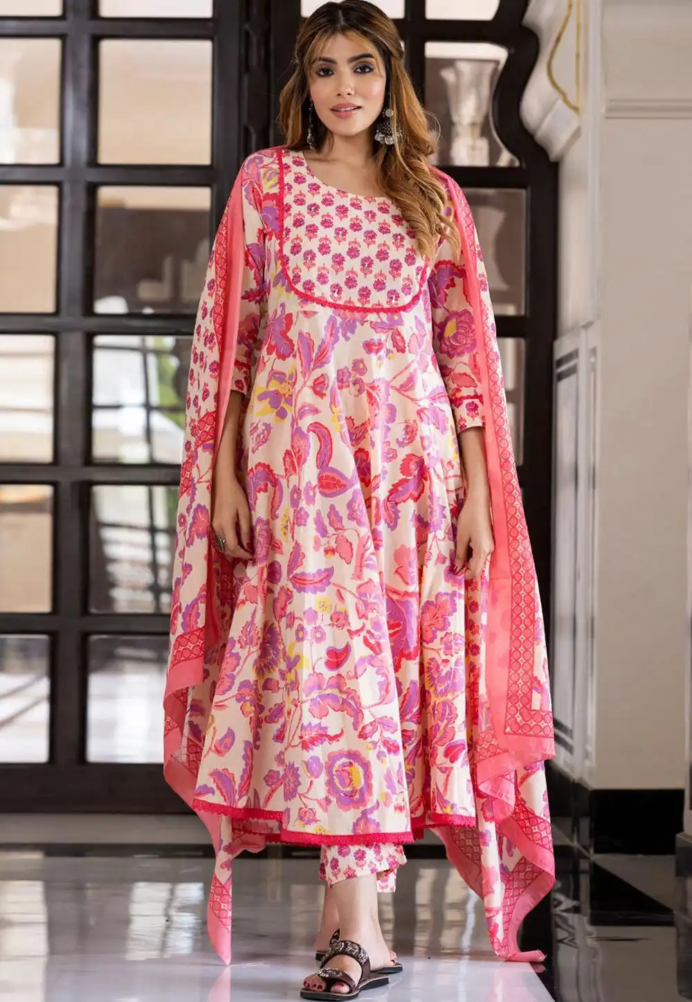 Cream Cotton Readymade Anarkali Suit 321738