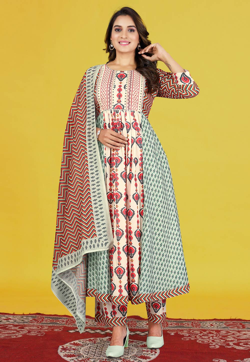 Cream Cotton Readymade Anarkali Suit 307047