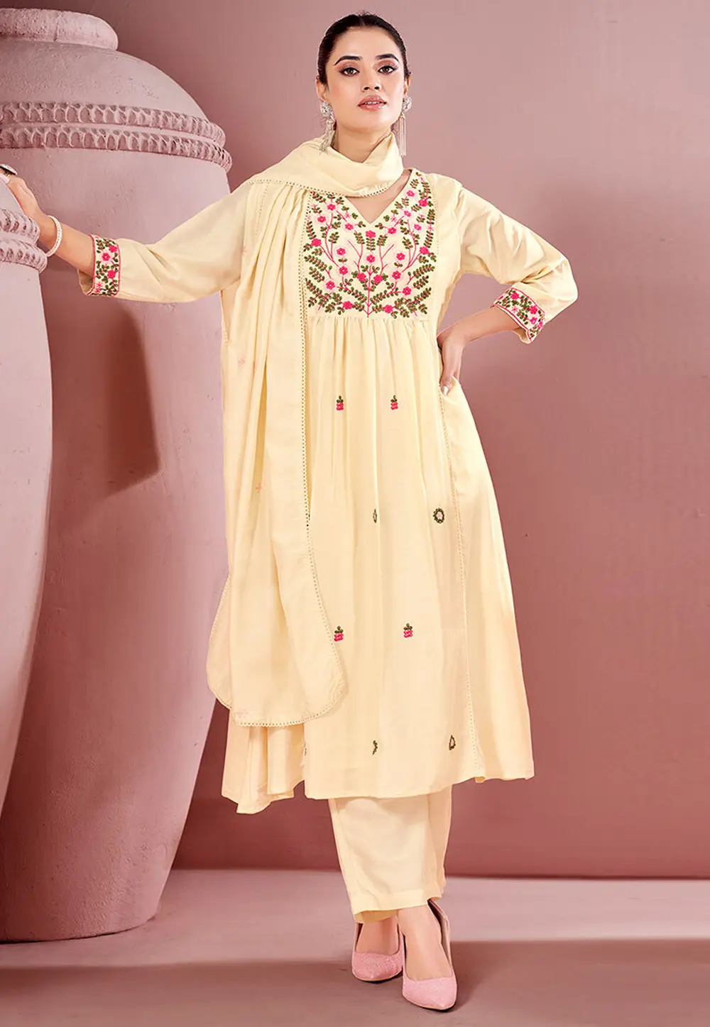 Cream Cotton Readymade Anarkali Suit 334202