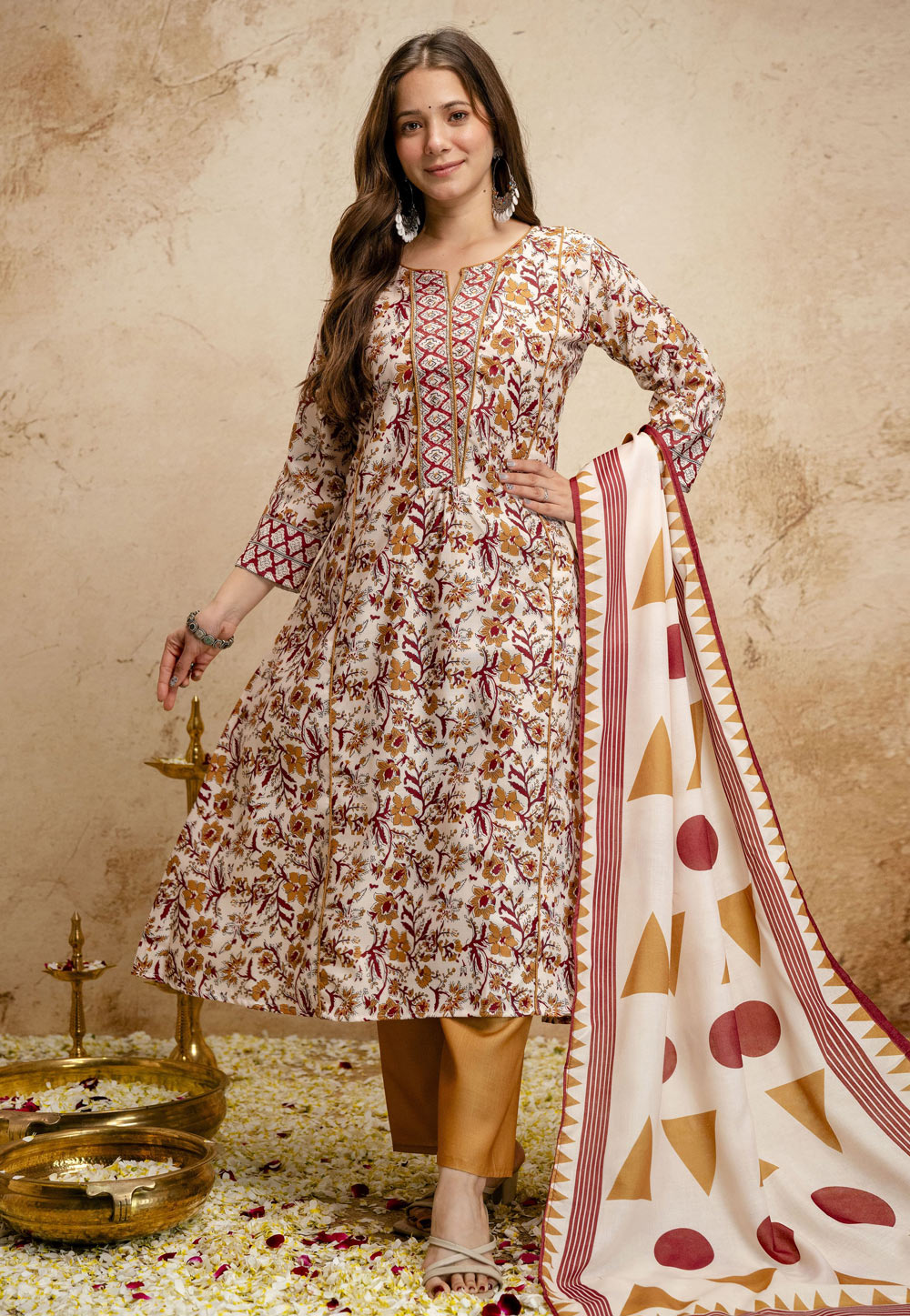 Cream Cotton Readymade Anarkali Suit 328813