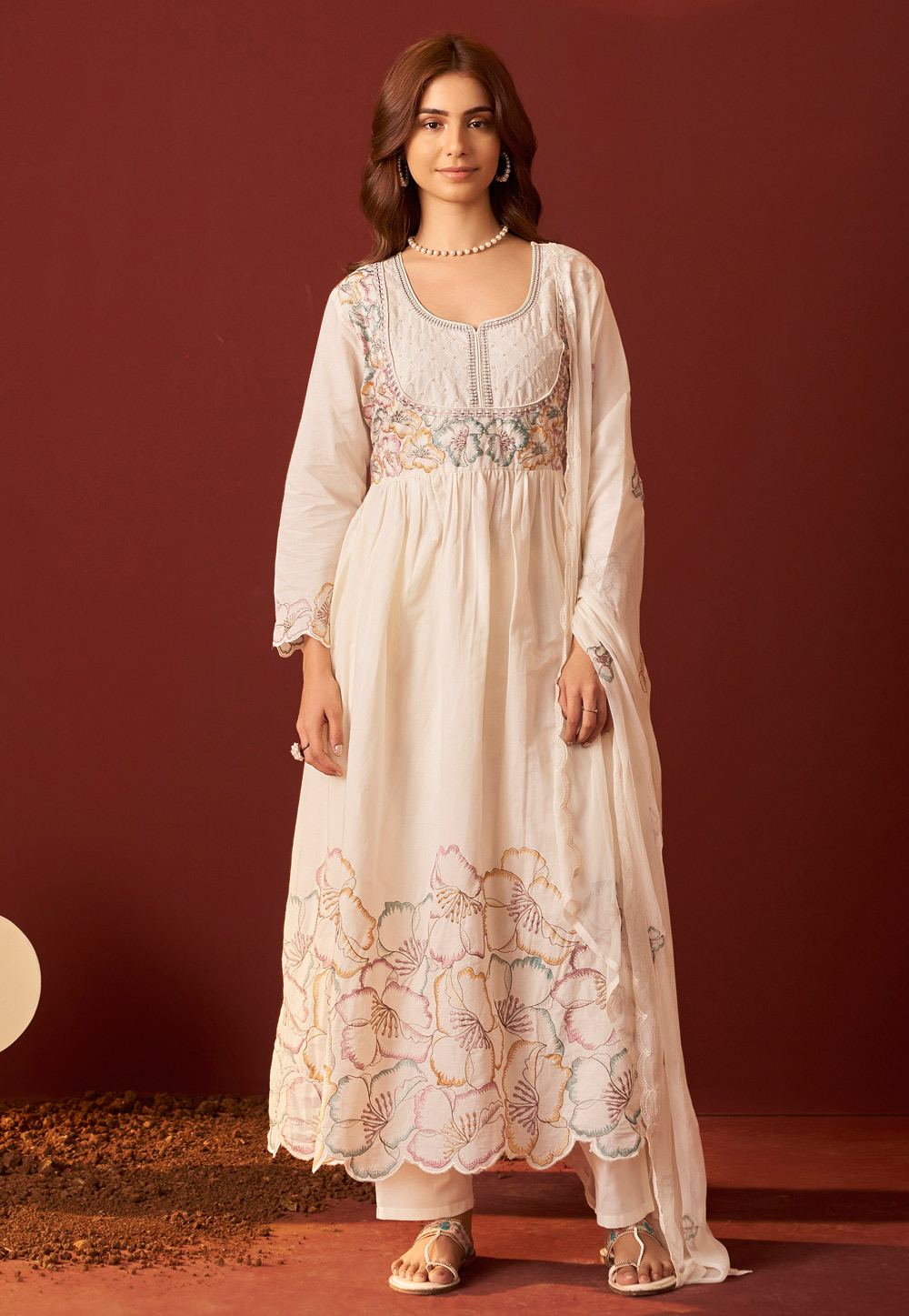 Cream Cotton Readymade Anarkali Suit 321843