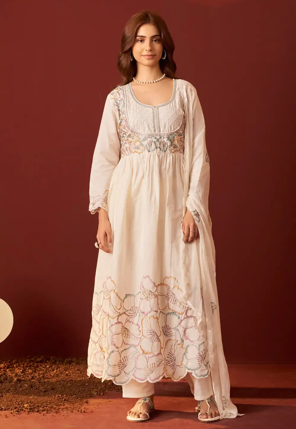 Cream Cotton Readymade Anarkali Suit 321843