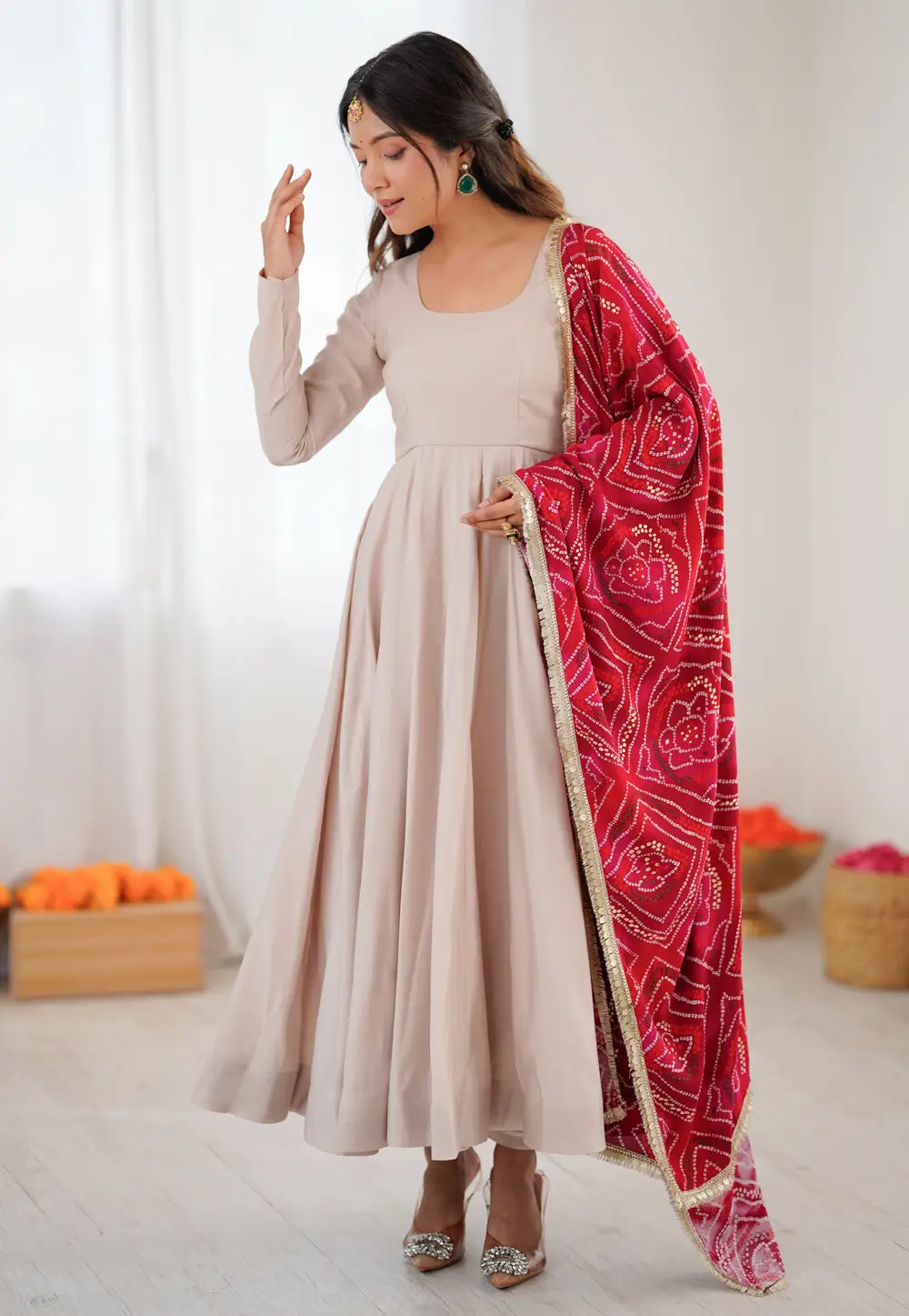 Cream Cotton Readymade Long Anarkali Suit 336286