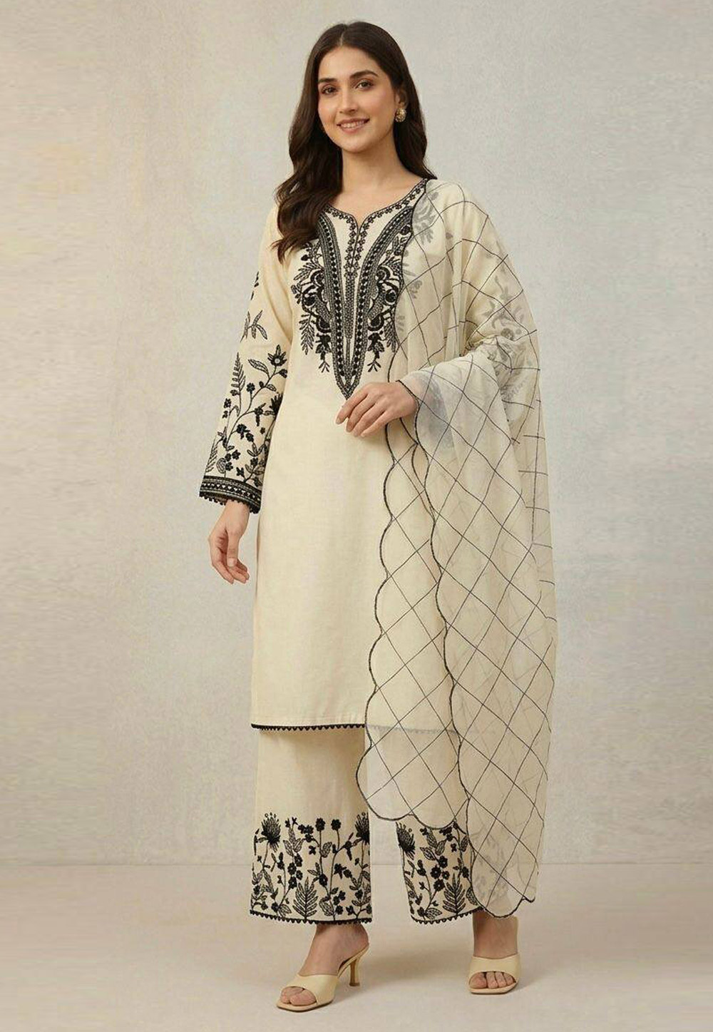Cream Cotton Readymade Palazzo Suit 329593