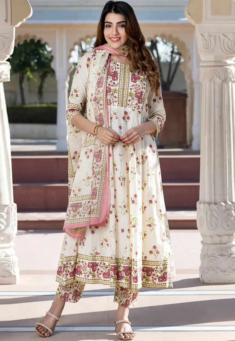 Cream Cotton Readymade Pant Style Suit 315969