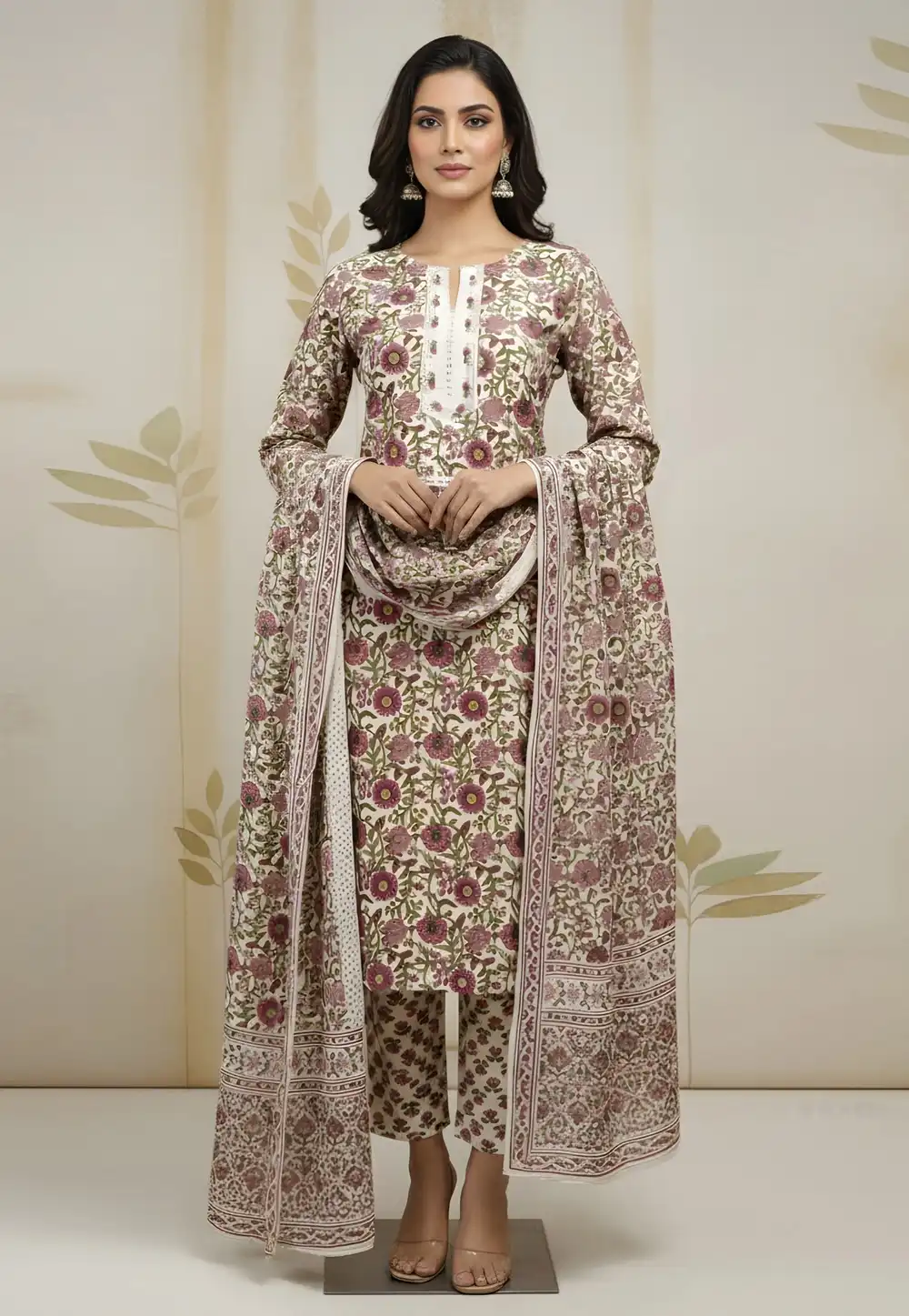 Cream Cotton Readymade Pant Style Suit 323772