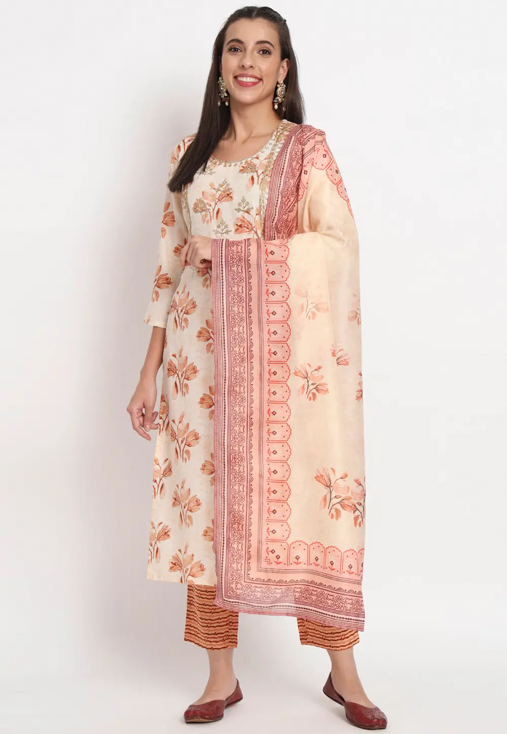 Cream Cotton Readymade Pant Style Suit 300376