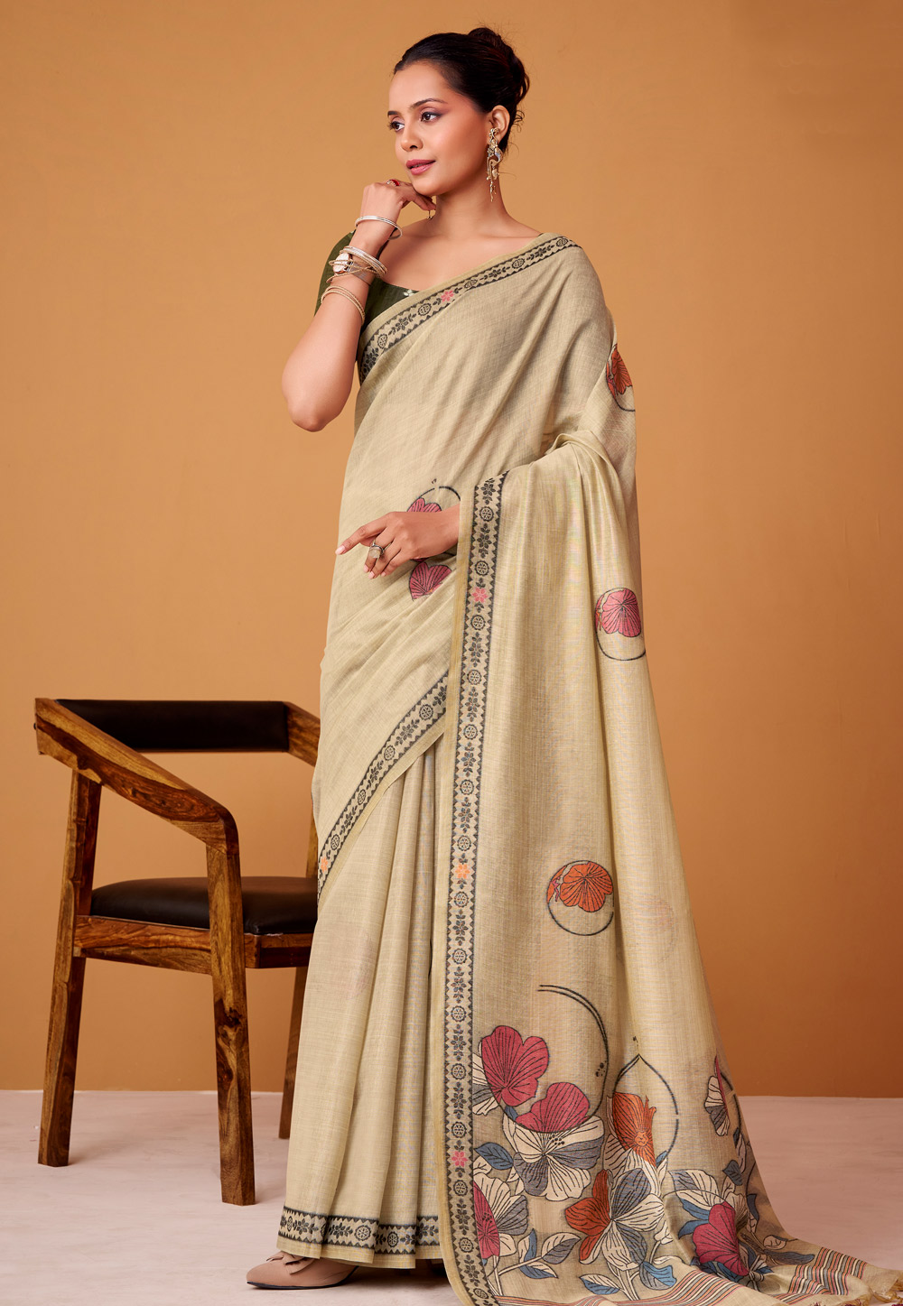 Cream Cotton Saree With Blouse 323945