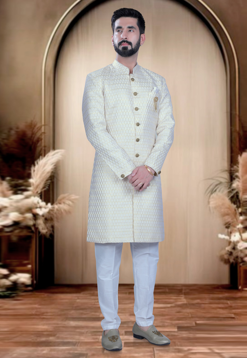 Cream Cotton Silk Achkan Style Sherwani 319688