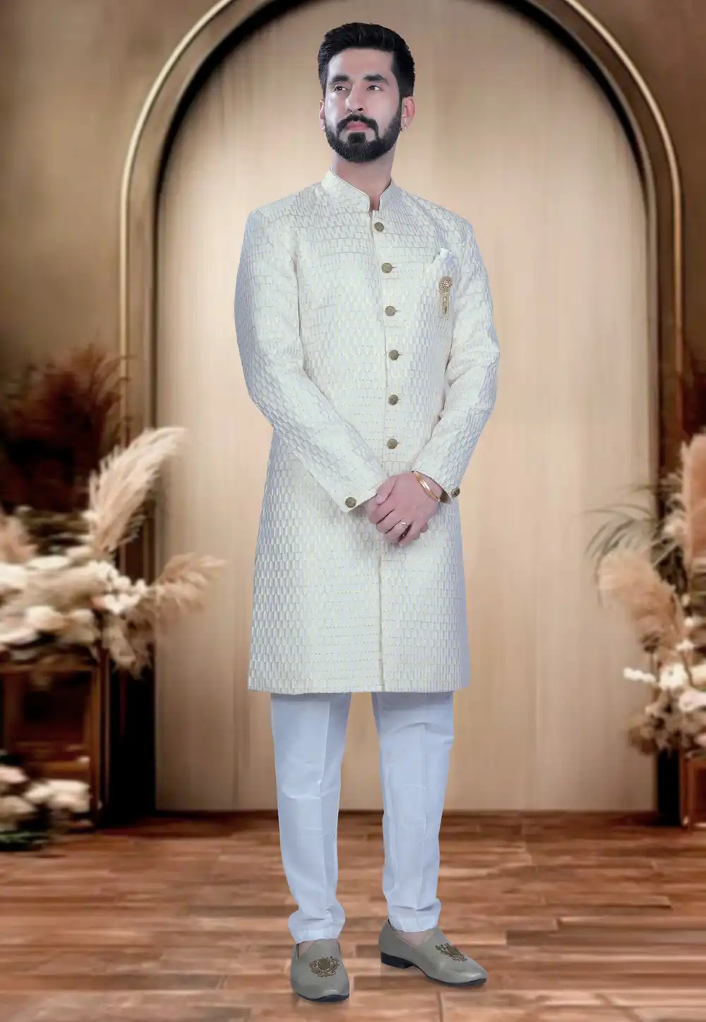 Cream Cotton Silk Achkan Style Sherwani 319688