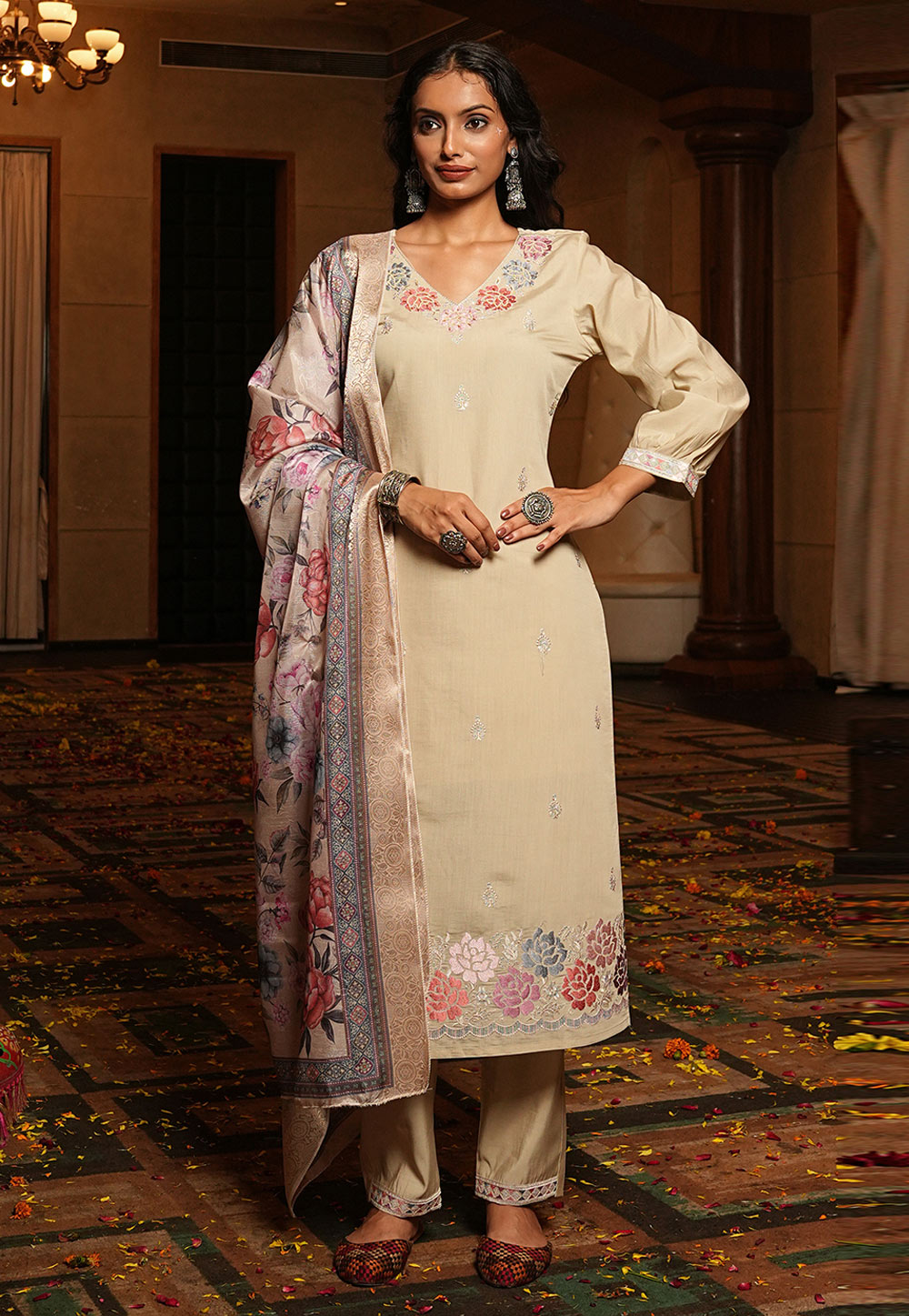 Cream Cotton Silk Readymade Pant Style Suit 322071